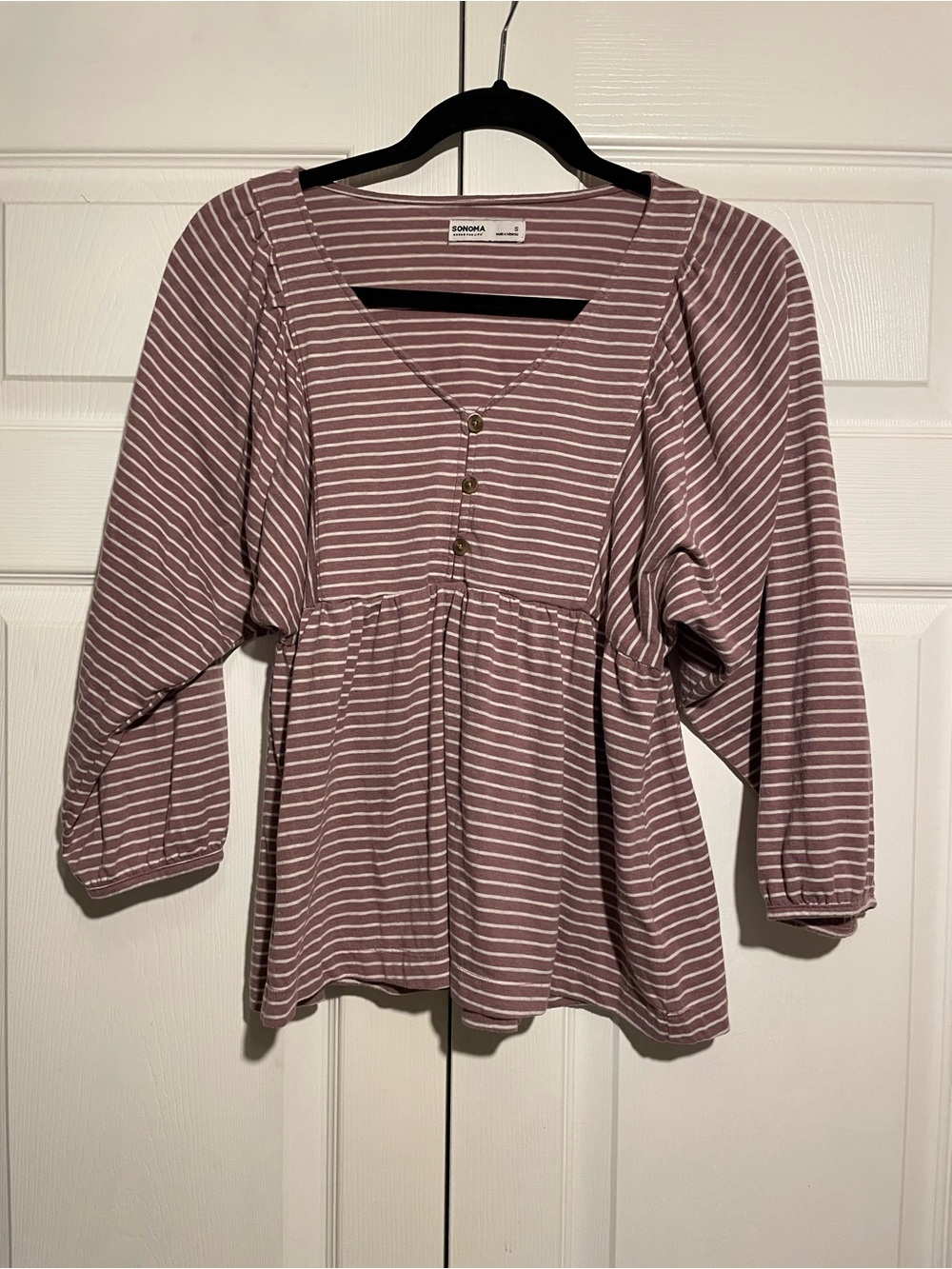 SONOMA Mauve and White Striped Peplum Button-Front Top
